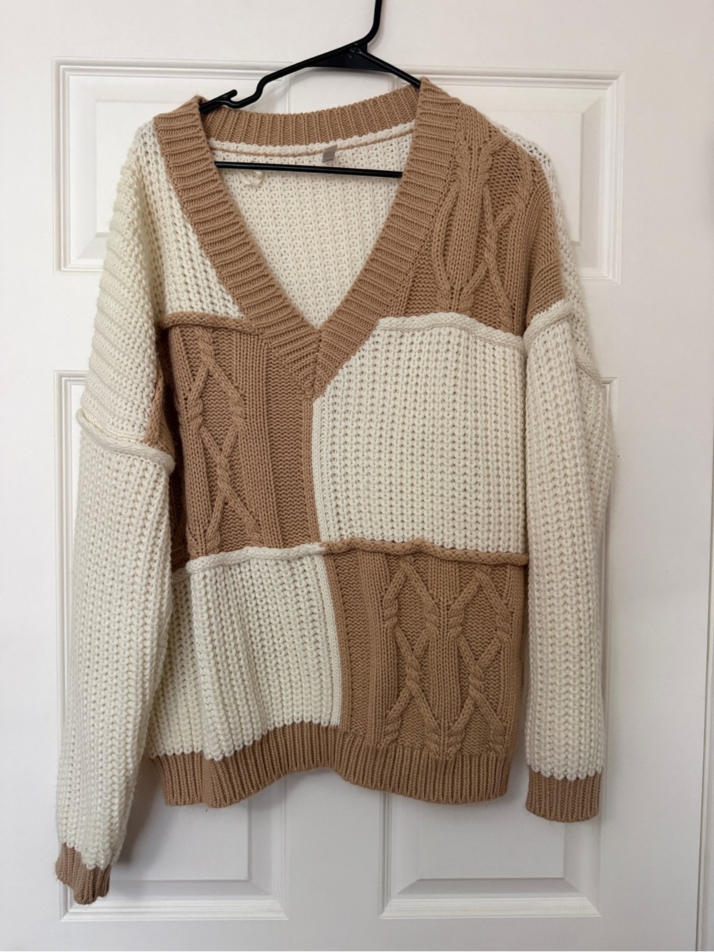 Wishlist Cream and Tan Patchwork V-Neck Cable Knit Sweater